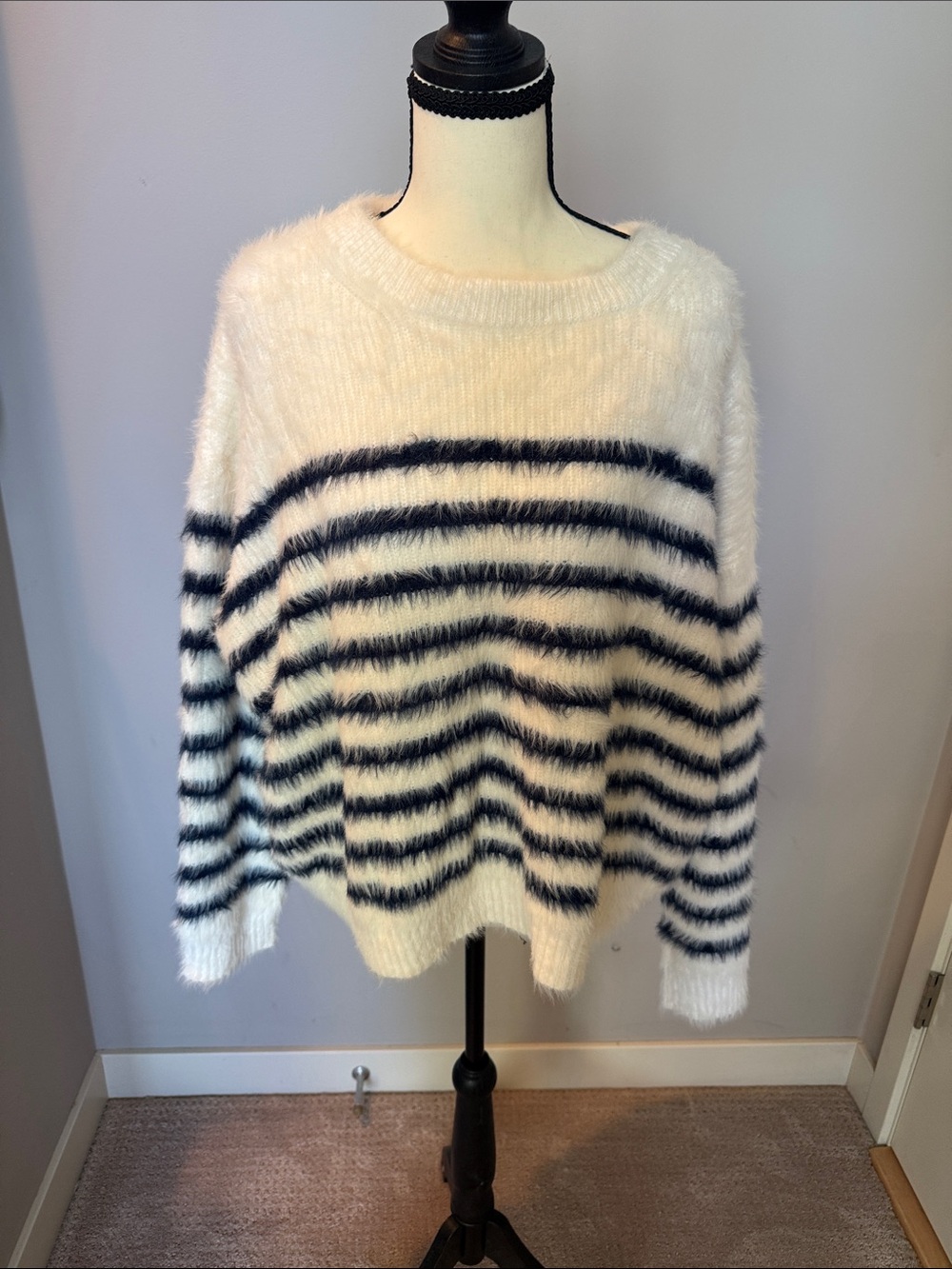 La Ligne Fuzzy Crewneck Sweater in White and Black Stripes